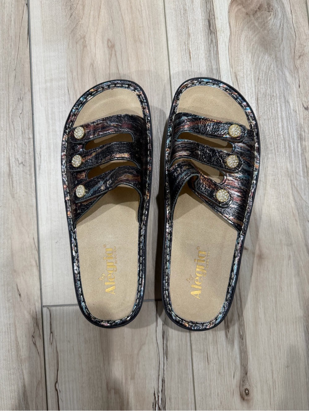 Alegria Metallic Multi-Stripe Slide Sandals with Gold Button Accents